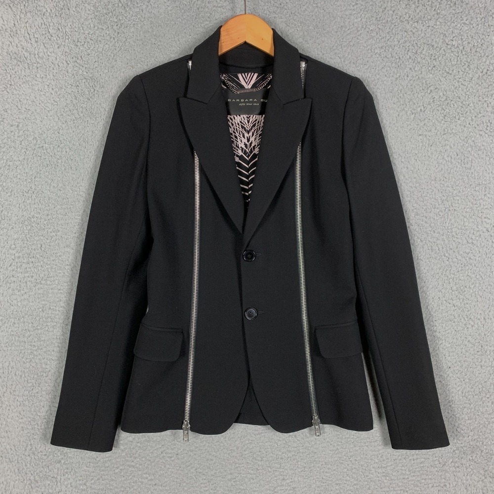 Barbara Bui Blazer Jacket Women's 38 US 6 Black Zipper Wool Peak Lapel Luxury